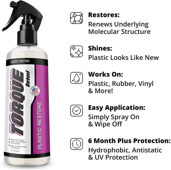 JEGS 72346: Auto Trim Restorer, 8 oz. Bottle, Interior/Exterior Use, Water-Resistant Coating, For Use on Plastic, Leather, Vinyl, and Rubber